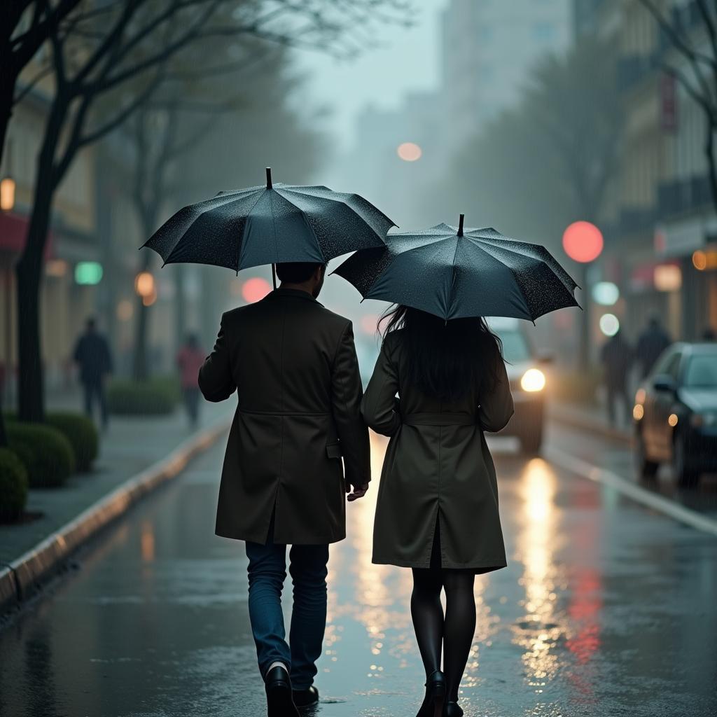 Hình ảnh chill buồn về tình yêu, hai người quay lưng đi dưới cơn mưa, gợi cảm giác chia ly buồn bã